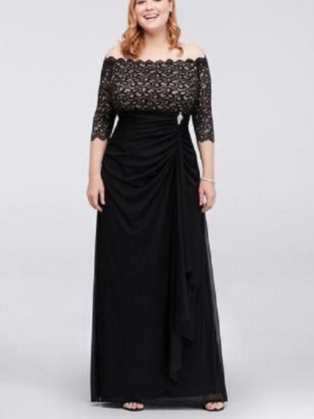 Betsy & Adam NEW Off-Shoulder Sequined Lace Ruched Formal Gown Dress Black 14W